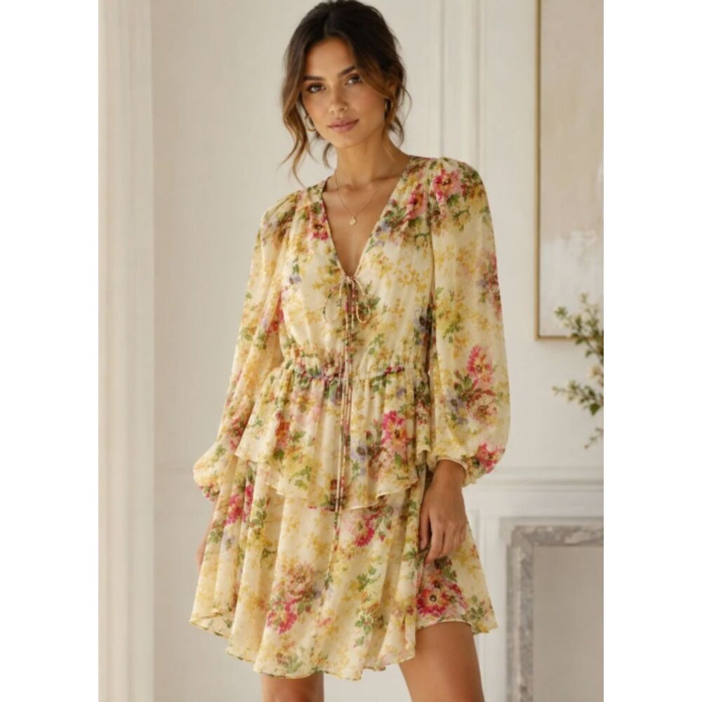 Ted Baker Tamziiy Floral Chiffon Tie Front Tiered Mini Dress Size 5 Large